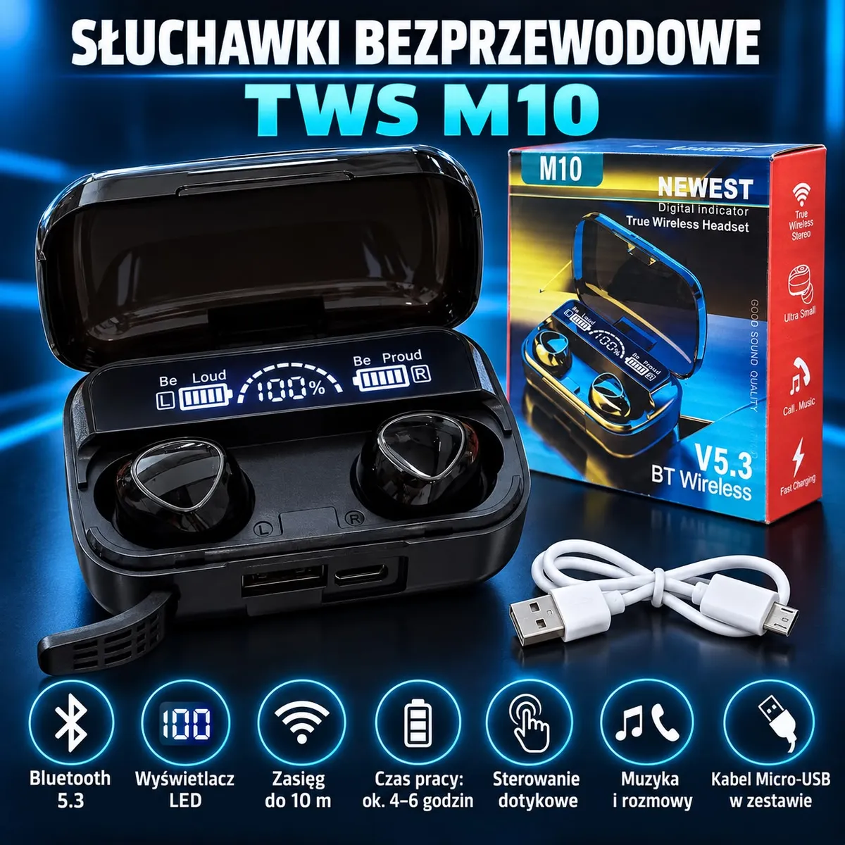 Czarne słuchawki bezprzewodowe TWS M10 w etui z wyświetlaczem LED i białym kablem Micro-USB