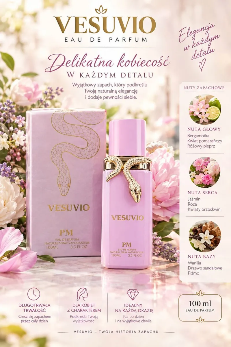 Butelka różowych perfum VESUVIO z złotym wężem i pudełko na tle kwiatów