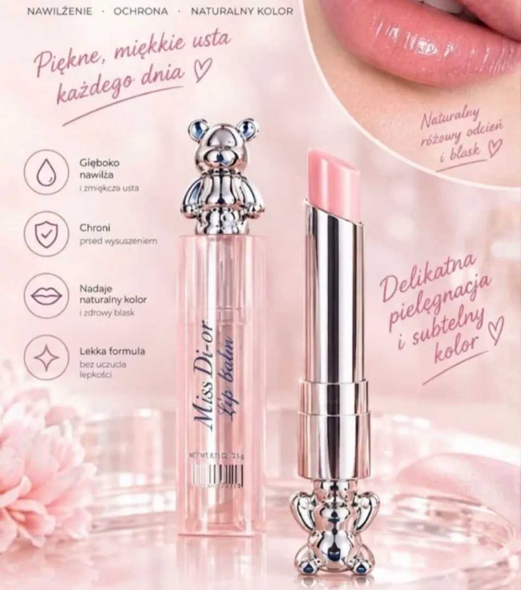 balsam do ust Miss Di-or w przezroczystym różowym opakowaniu z metaliczną nakrętką w kształcie misia