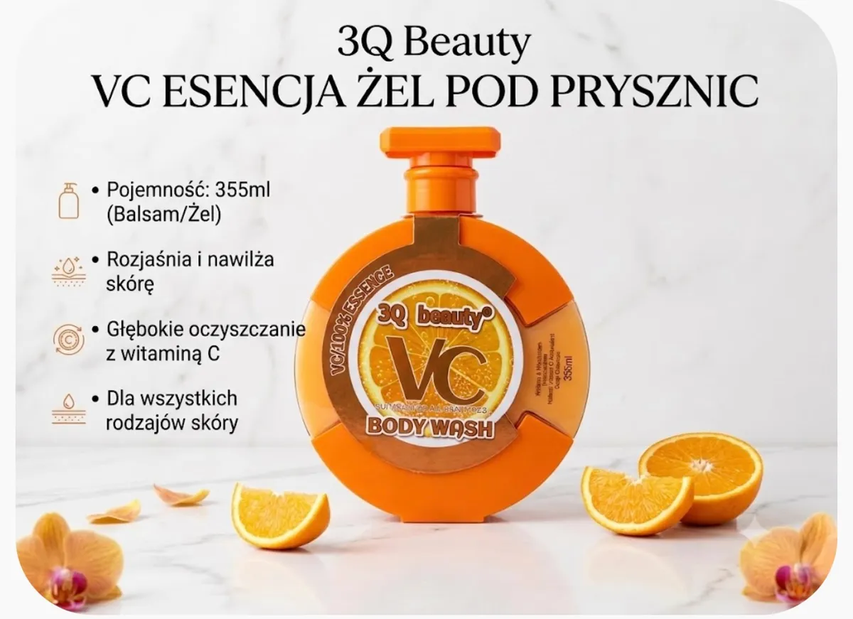 Pomarańczowa butelka żelu pod prysznic 3Q Beauty VC o pojemności 355 ml z pompką