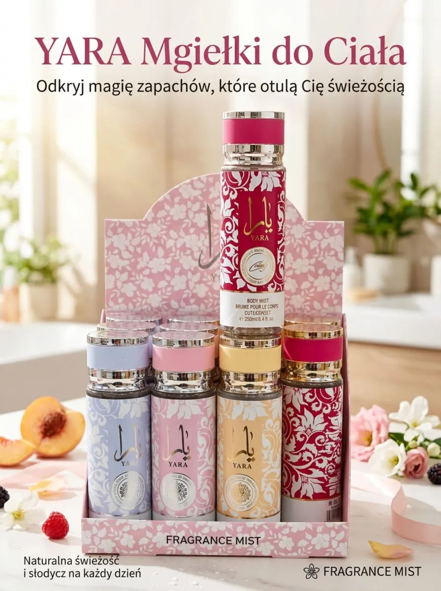 Zestaw kolorowych mgiełek do ciała YARA 250 ml w ozdobnych butelkach z metalicznym wykończeniem