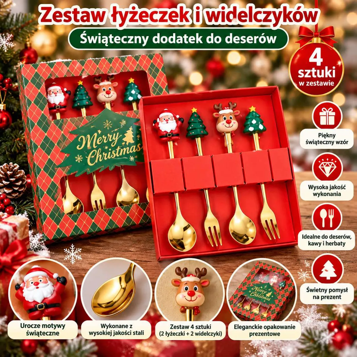Zestaw świątecznych łyżeczek i widelczyków złoty z motywem Mikołaja i renifera