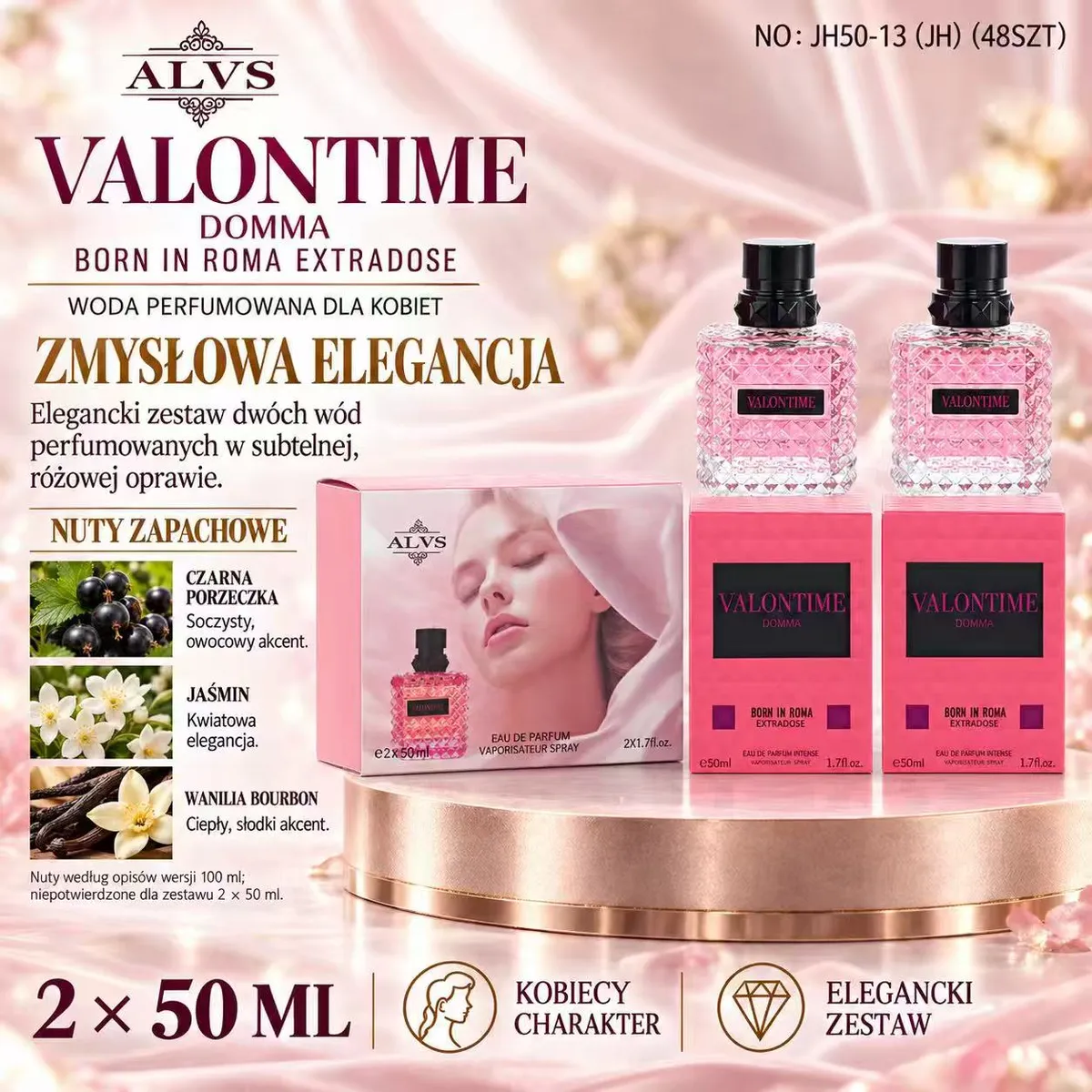 Zestaw dwóch różowych flakonów perfum Valontime Domma 2 x 50 ml z eleganckim opakowaniem