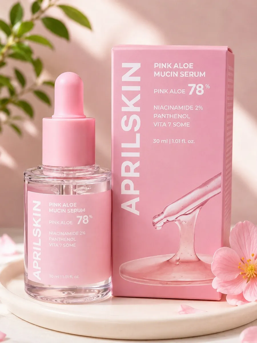 Butelka serum Aprilskin Pink Aloe Mucin o pojemności 30 ml z różowym aplikatorem i różowe opakowanie