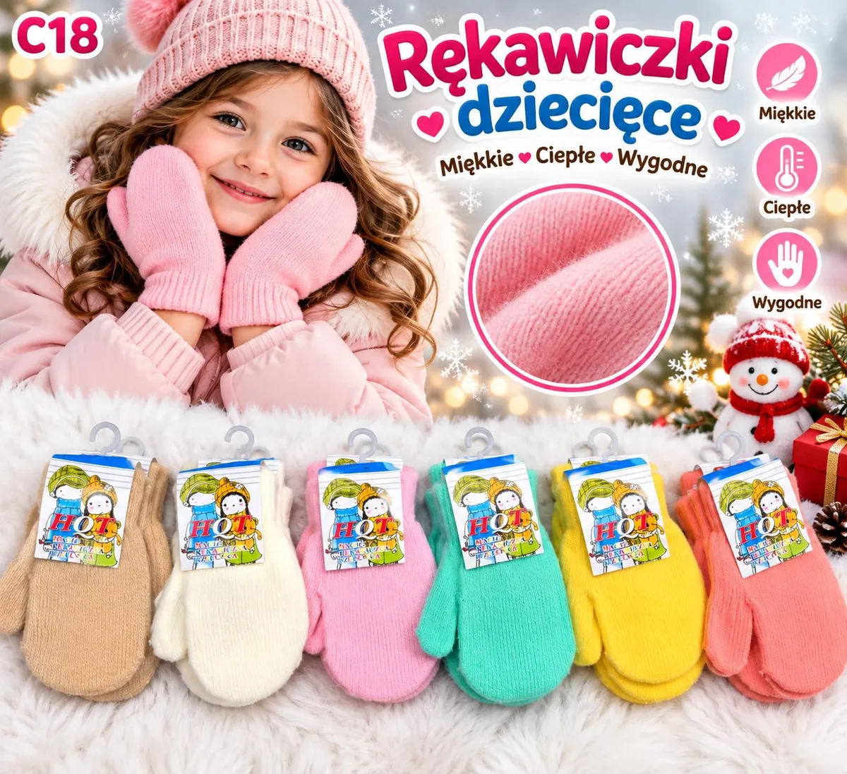 Rękawiczki dziecięce w pastelowych kolorach ułożone obok siebie na białym futrze z dziewczynką w różowym płaszczu i czapce