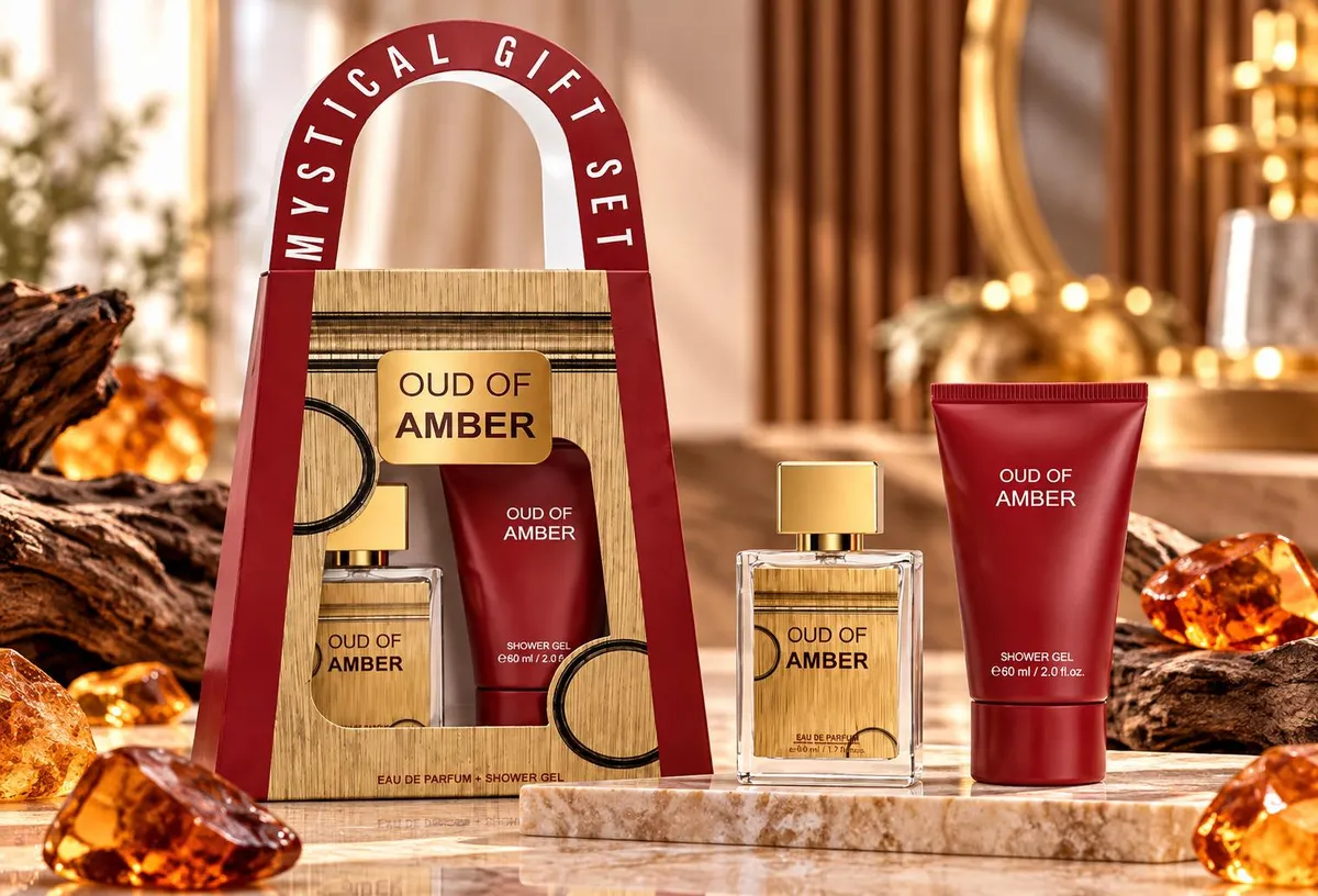 Zestaw prezentowy Oud of Amber perfumy 30ml i balsam 60ml w bordowo-złotym opakowaniu