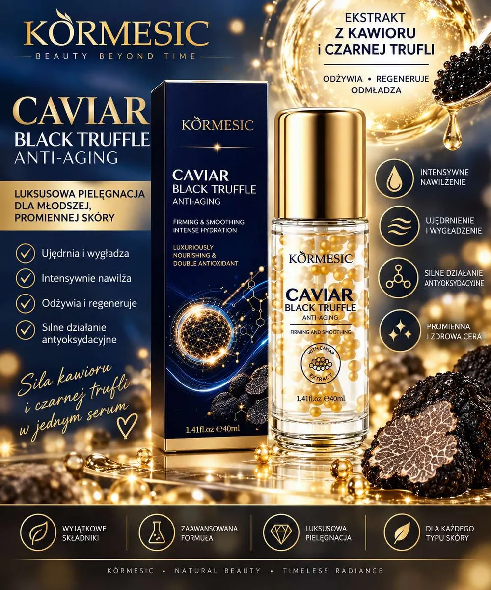 Butelka serum KORMESIC Caviar Black Truffle 40 ml z złotą zakrętką i granatowe opakowanie na tle czarnej trufli i pereł kawio