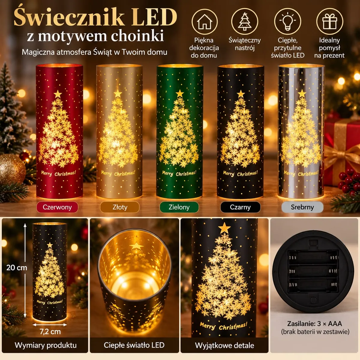 Świeczniki LED z motywem choinki w 5 kolorach: czerwony, złoty, zielony, czarny, srebrny, 20 cm wysokości