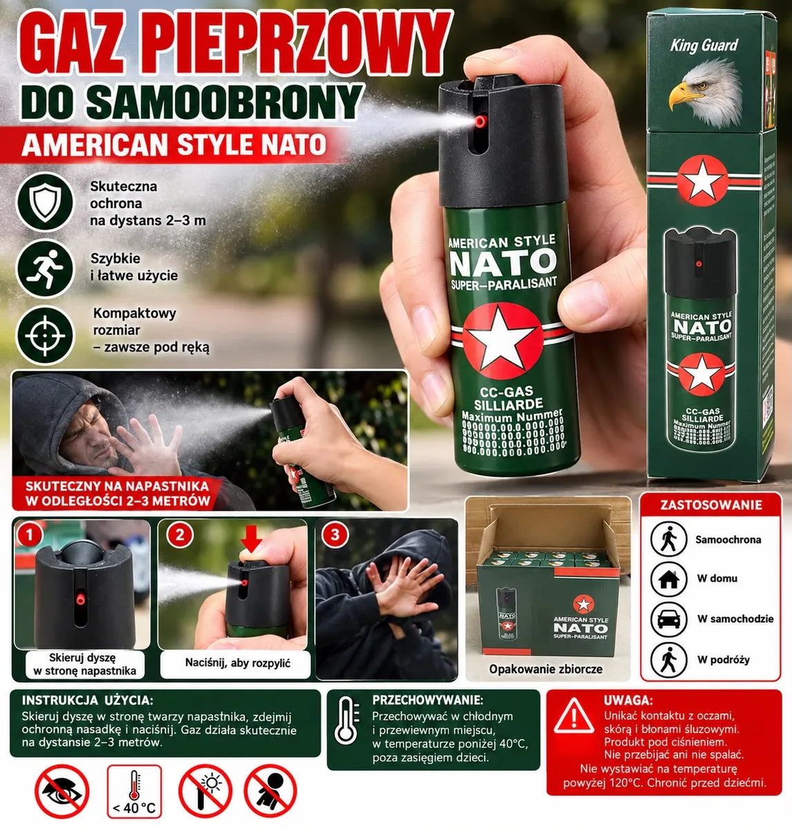 zielony gaz pieprzowy NATO z czarną nasadką w użyciu, opakowanie i instrukcja
