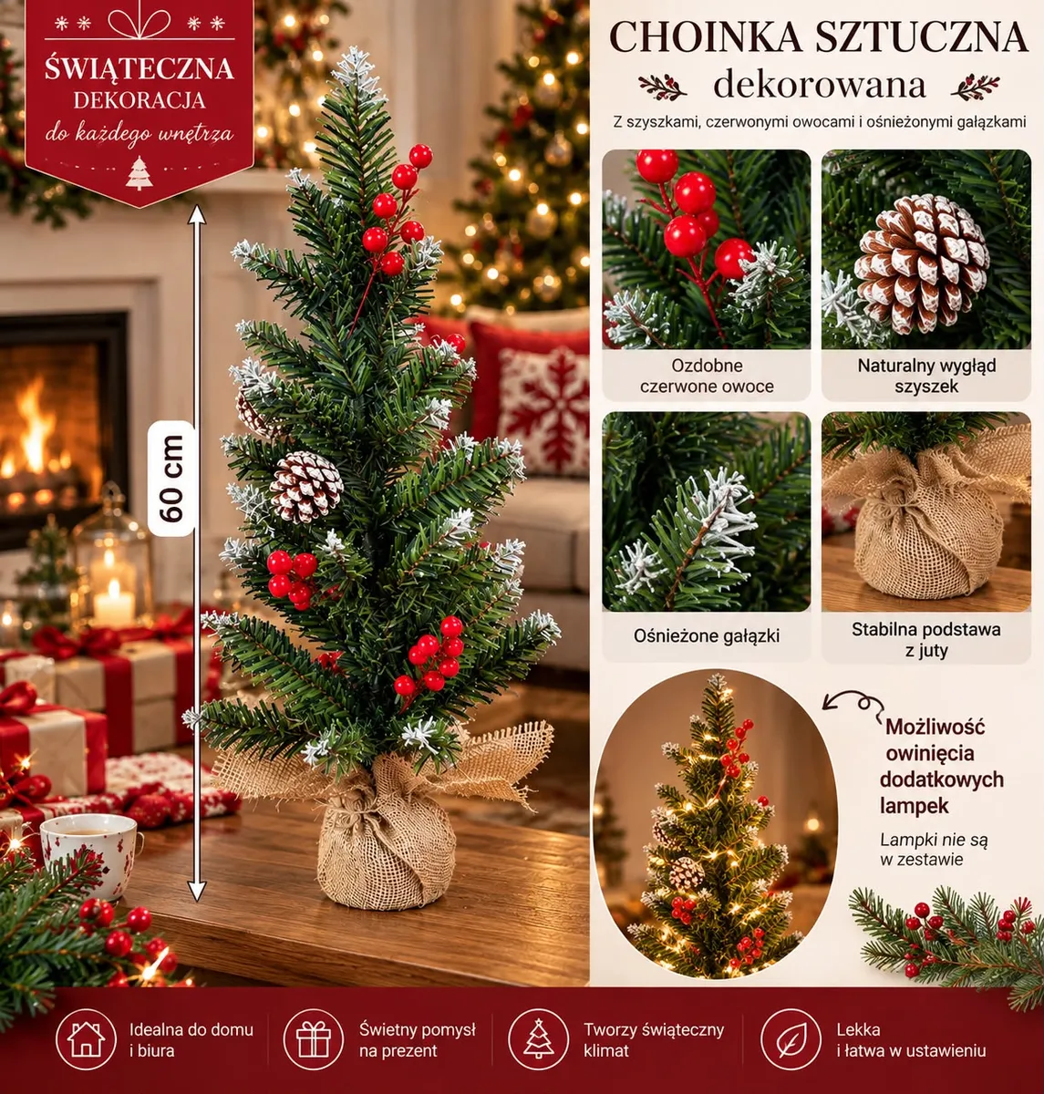 Sztuczna choinka 60 cm z czerwonymi jagodami, ośnieżonymi gałązkami i jutową podstawą