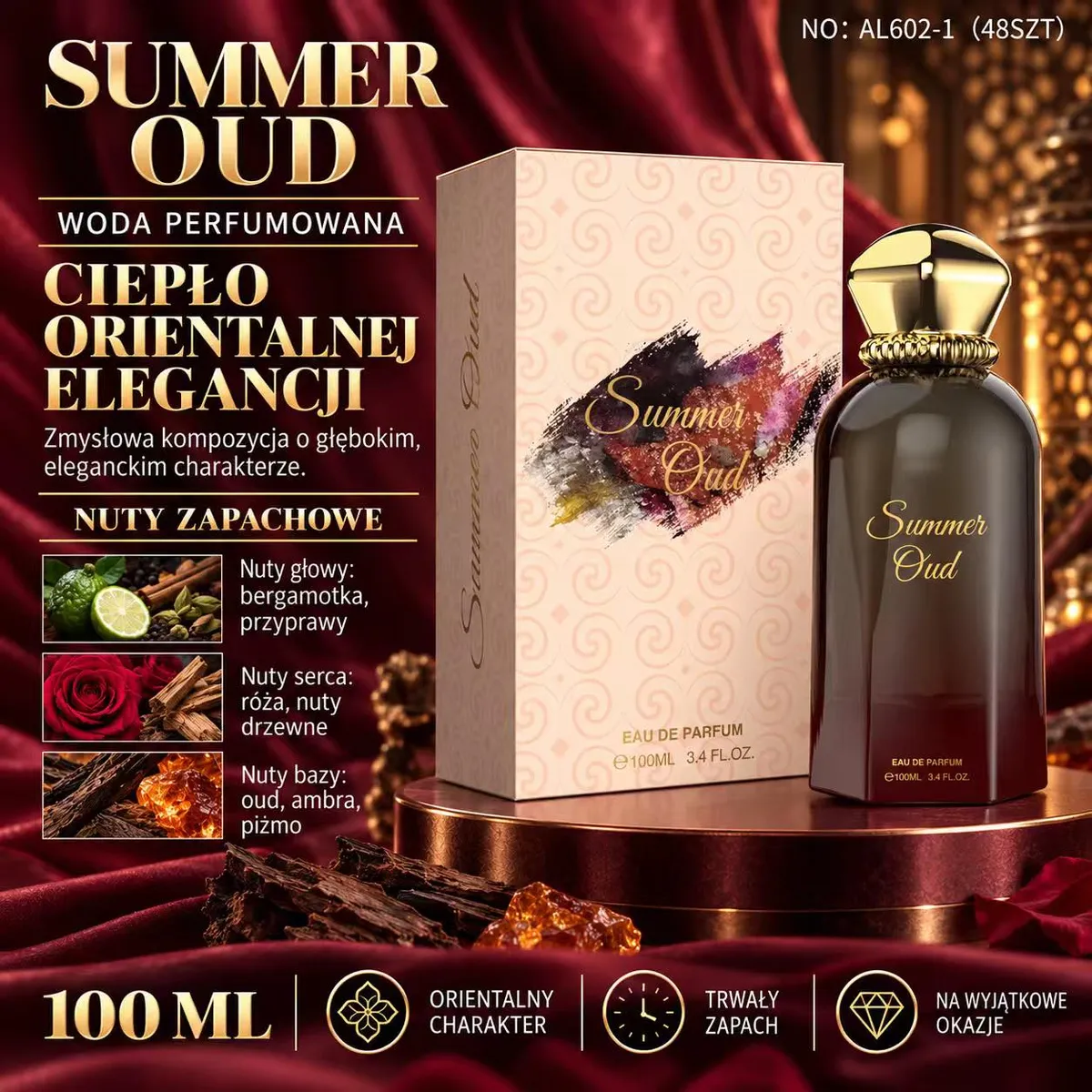 Butelka perfum Summer Oud 100 ml z ciemnego szkła i złotą nakrętką obok ozdobnego pudełka na tle bordowej tkaniny