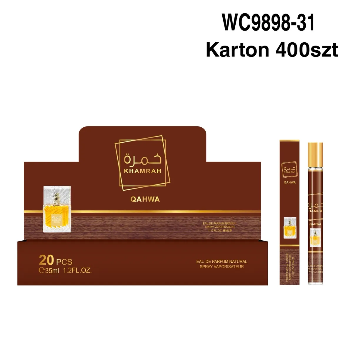 Opakowanie perfumetek arabskich Khamrah Qahwa brązowo-złote, buteleczka 35 ml, 20 sztuk w kartonie