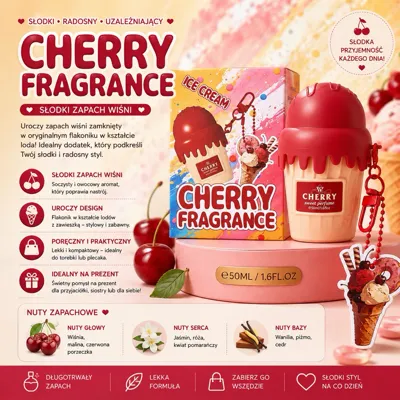 Perfumy Cherry Fragrance 50ml w flakonie w kształcie lodów z czerwonym korkiem i opakowaniem