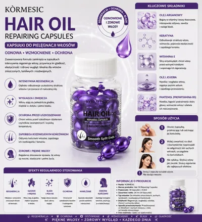 Fioletowe błyszczące kapsułki olejowe KORMESIC Hair Oil w białym plastikowym opakowaniu