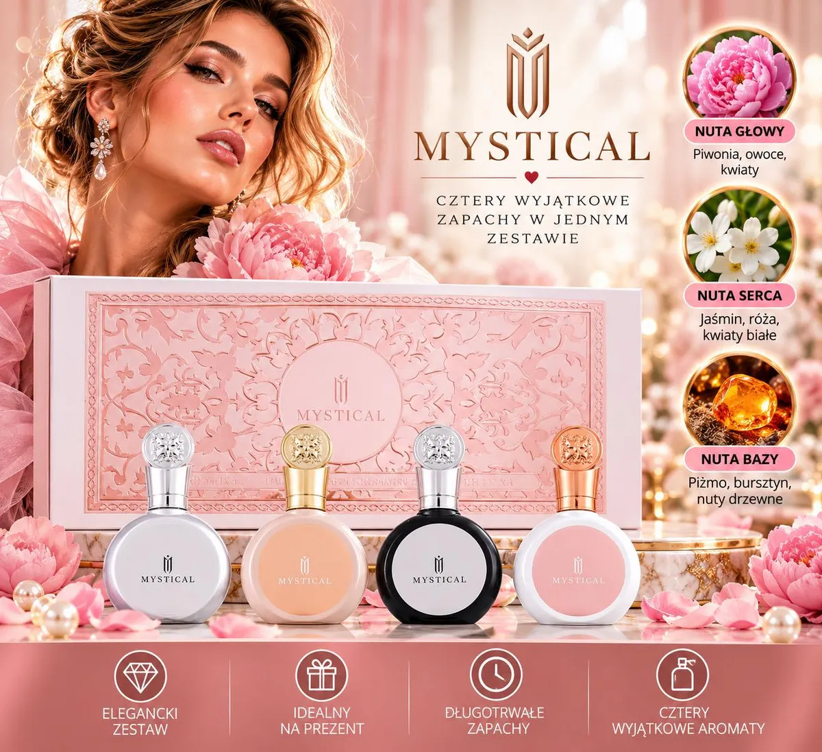 Zestaw czterech perfum Mystical w różowym eleganckim opakowaniu z kwiatowymi motywami