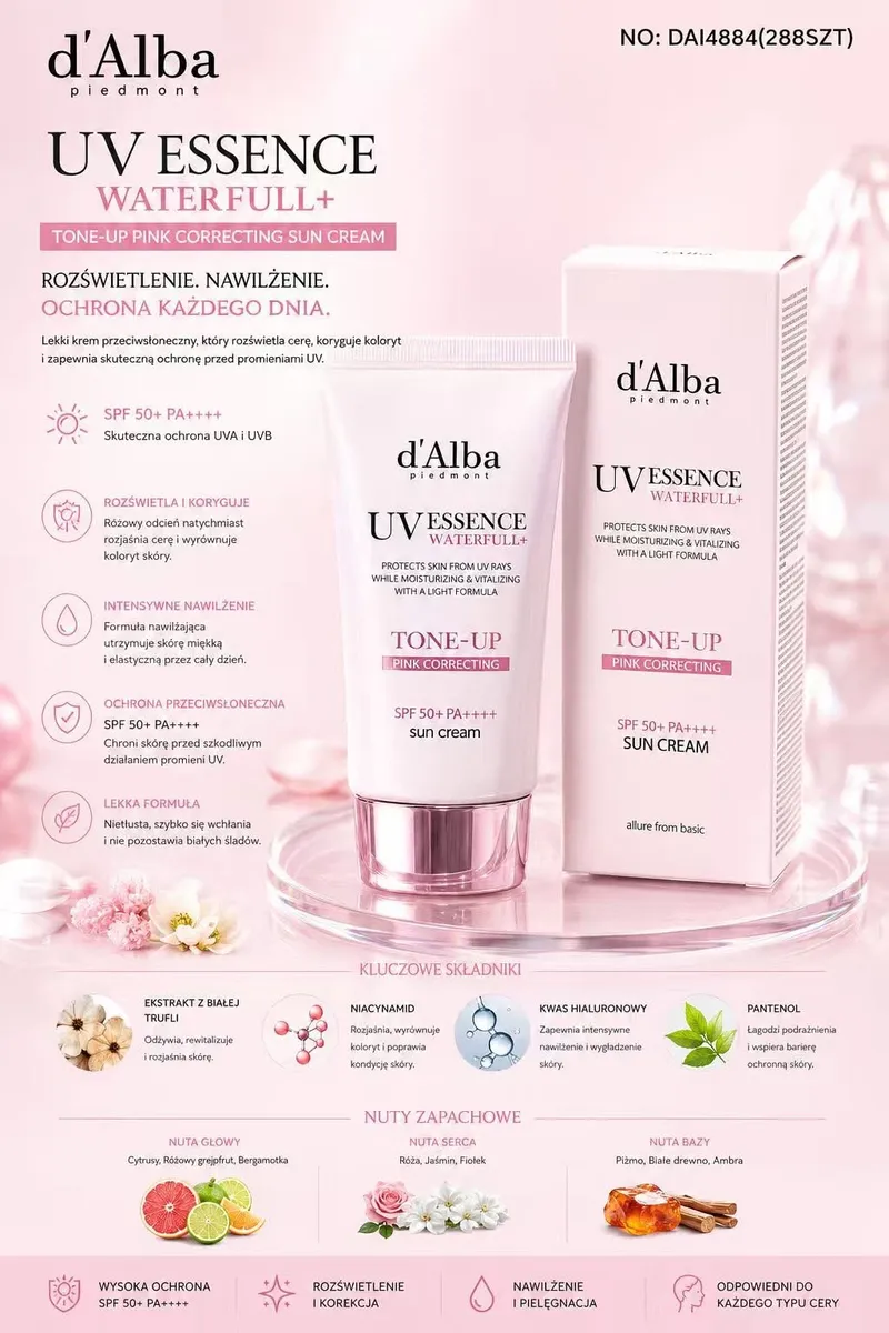 Różowy krem przeciwsłoneczny d'Alba UV Essence Waterfull+ SPF 50+ z opakowaniem na różowym tle