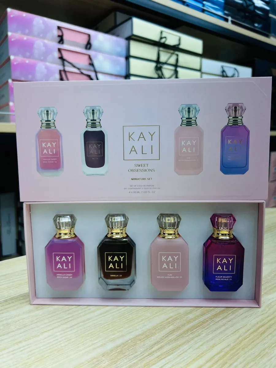 Zestaw 4 miniaturowych perfum Kay Ali Sweet Obsessions w pastelowym różowym pudełku
