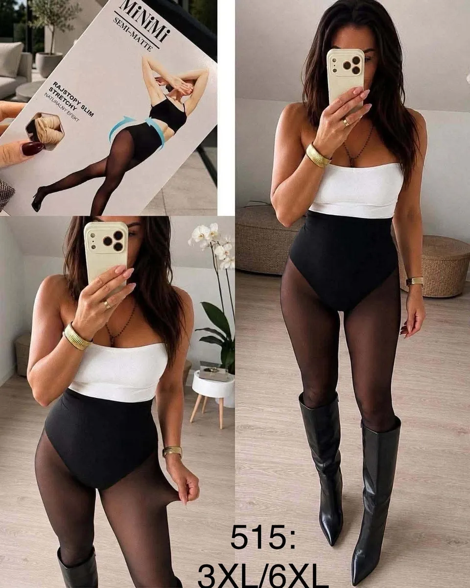 Czarne półmatowe rajstopy Slim Stretchy 3XL/6XL na modelce, opakowanie z napisem MiNiMi