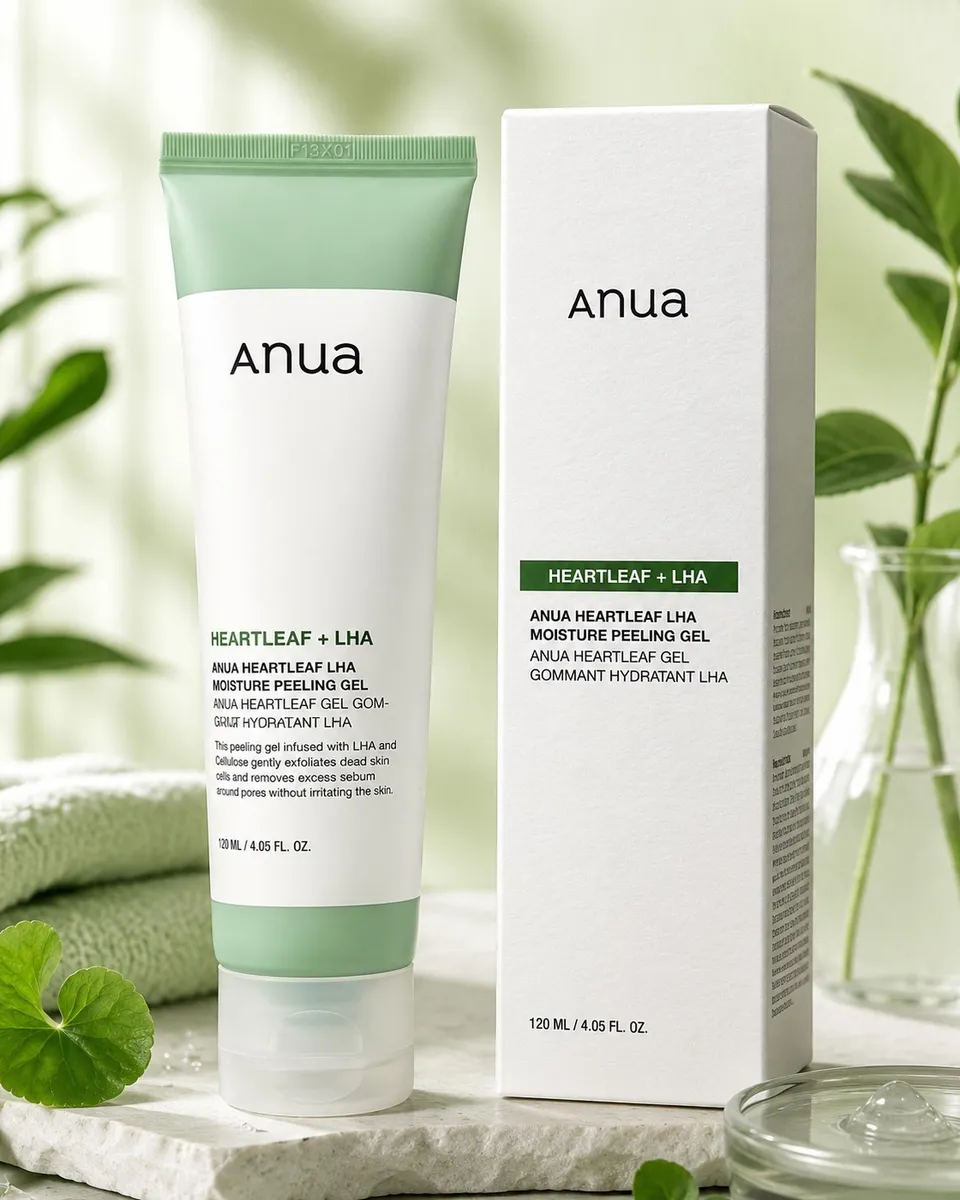 Tubka żelu złuszczającego Anua Heartleaf + LHA Moisture 120 ml obok białego kartonowego opakowania na marmurowej powierzchni
