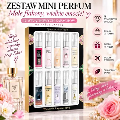 Zestaw 12 mini perfum w małych flakonach w eleganckim opakowaniu z opisem korzyści
