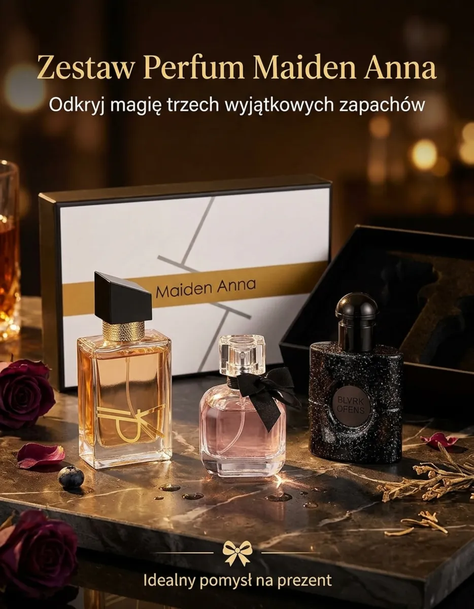 Zestaw trzech perfum Maiden Anna w szklanych flakonach z eleganckim opakowaniem