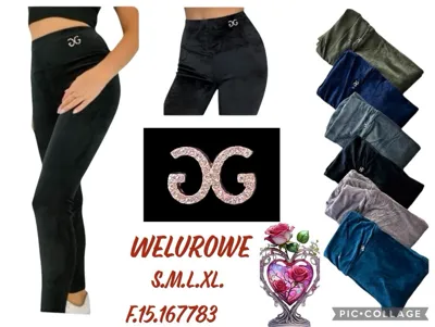 Czarne legginsy damskie welurowe z błyszczącym logo, dostępne w rozmiarach S-XL