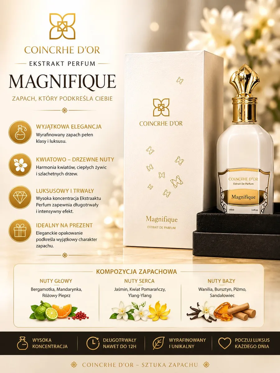 Butelka perfum ekstraktowych Coincrhe D'Or Magnifique 100ml w złoto-białym eleganckim opakowaniu