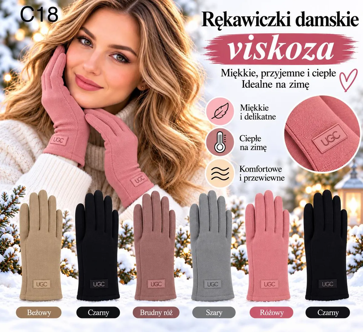 Rękawiczki damskie z wiskozy w kolorach beżowym, czarnym, brudny róż, szary i różowy