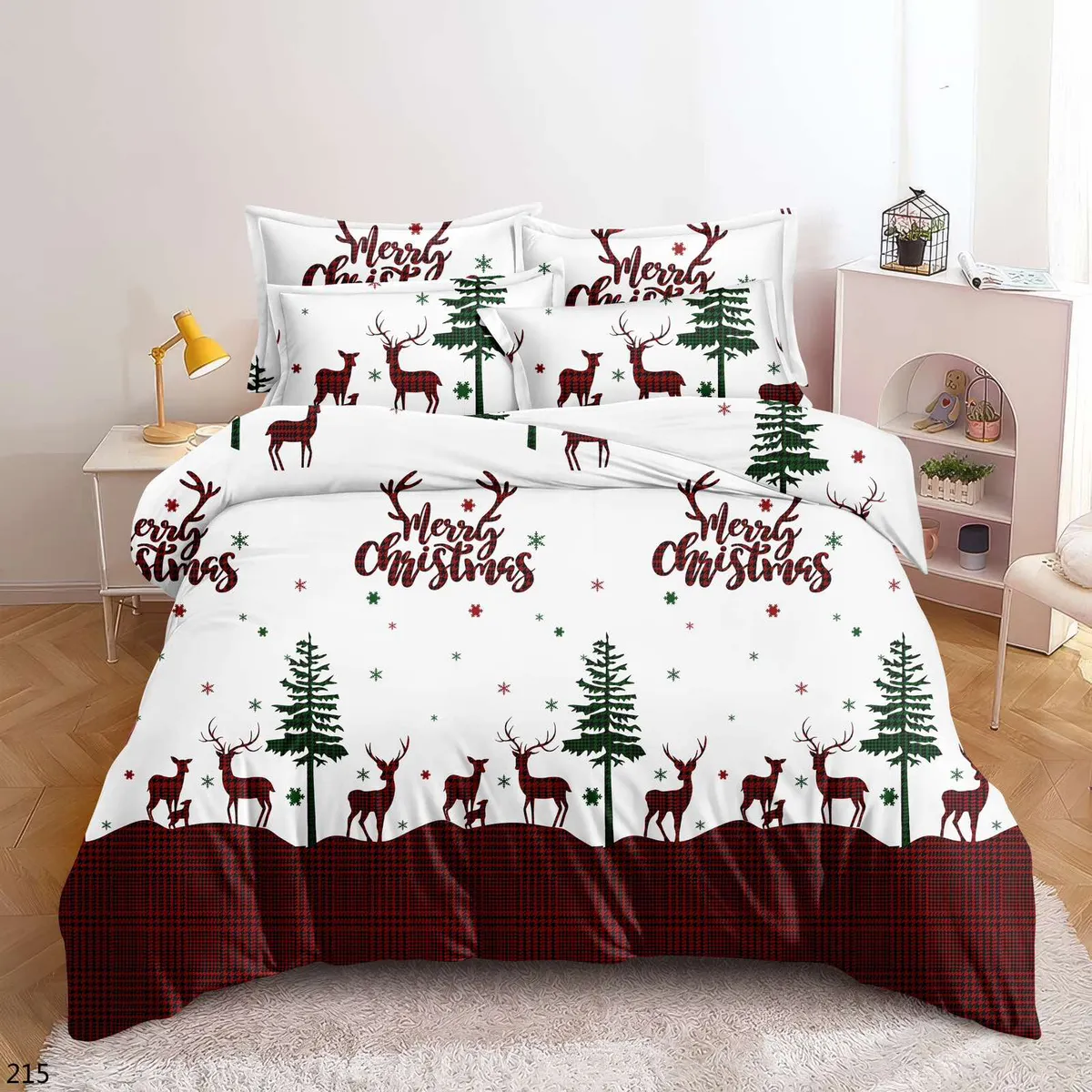 Komplet pościeli 3D z motywem świątecznym jelenie, choinki i napis Merry Christmas na białym tle