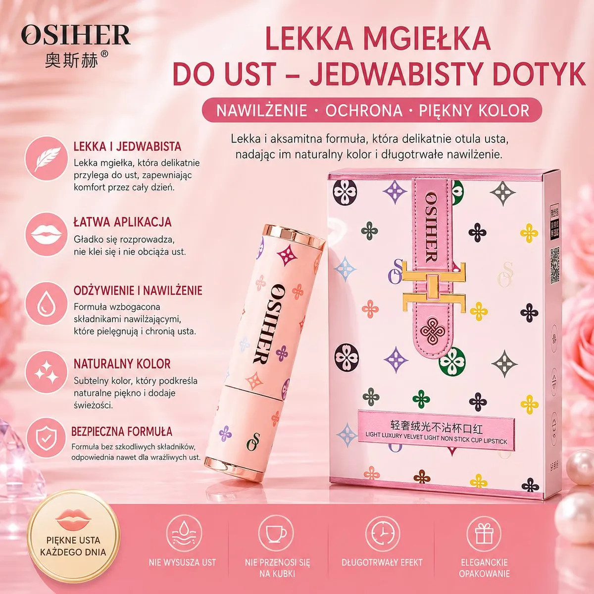 Różowa matowa pomadka OSiHER Velvet Mist z kolorowymi wzorami na opakowaniu i tubce