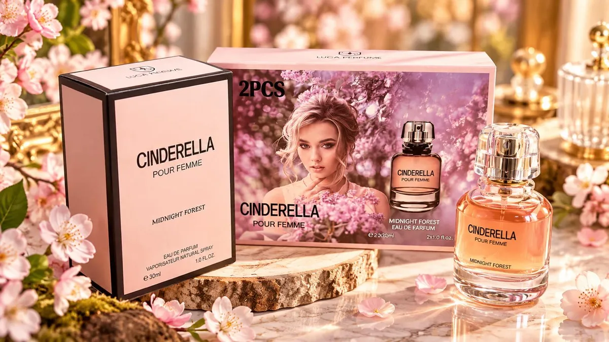 Zestaw perfum Cinderella Pour Femme Midnight Forest 2x30ml z różowym opakowaniem i butelką na tle kwiatów