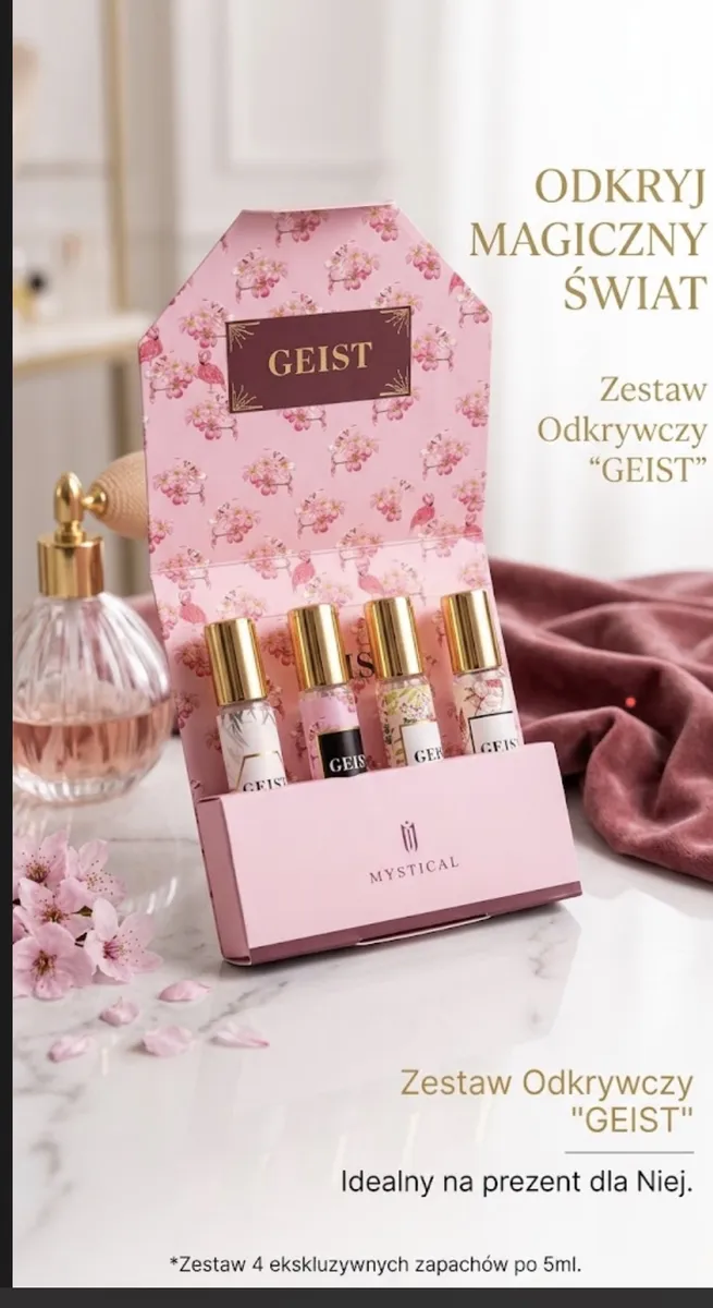 Różowy zestaw perfum GEIST z czterema flakonikami 5 ml w eleganckim opakowaniu z kwiatowym wzorem