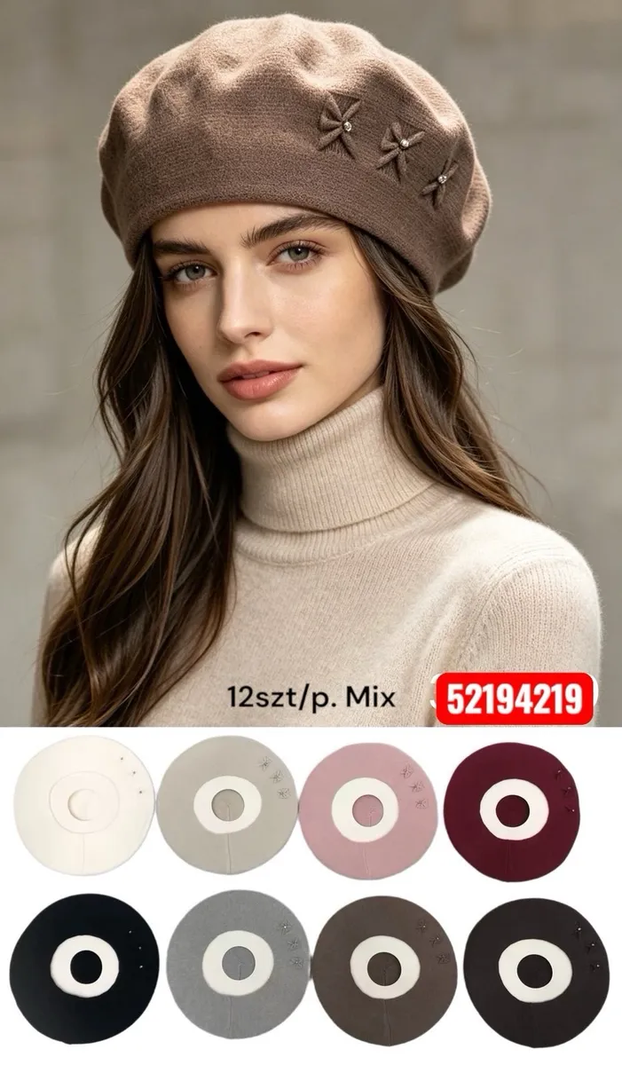 Damski beret w kolorze brązowym z trzema kokardkami i kryształkami, zestaw 8 kolorów