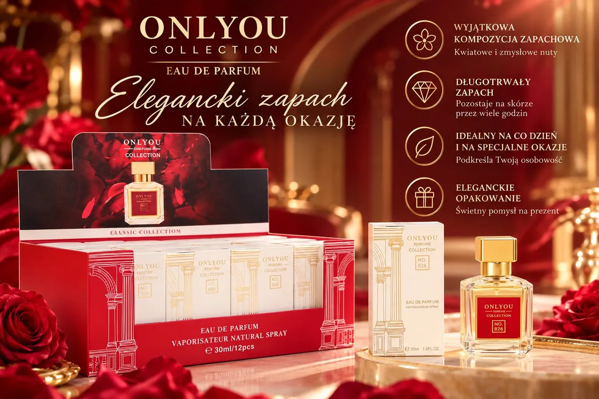 Perfumy OnlyYou Collection No. 826 30ml w szklanej butelce ze złotym korkiem i kremowym opakowaniu z złotymi zdobieniami