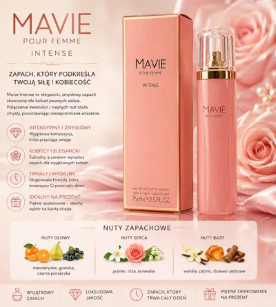 Różowy flakon perfum Mavie Pour Femme Intense 75 ml z przezroczystą nakrętką i złotym atomizerem obok różowego pudełka
