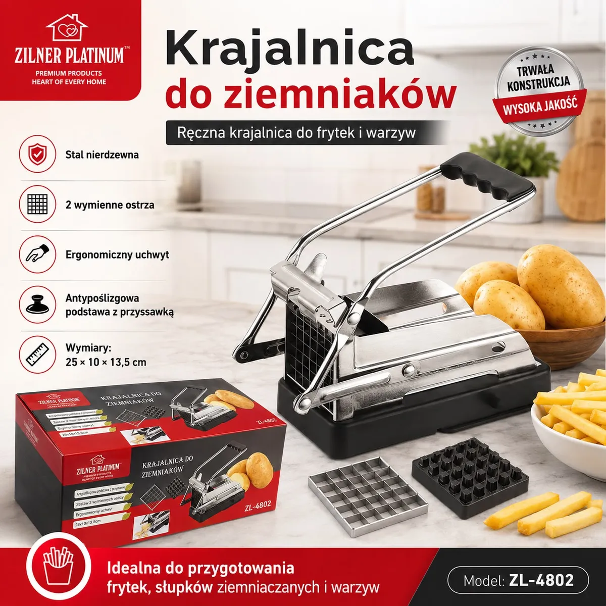 Ręczna krajalnica do ziemniaków ze stali nierdzewnej z dwoma wymiennymi ostrzami i czarną antypoślizgową podstawą