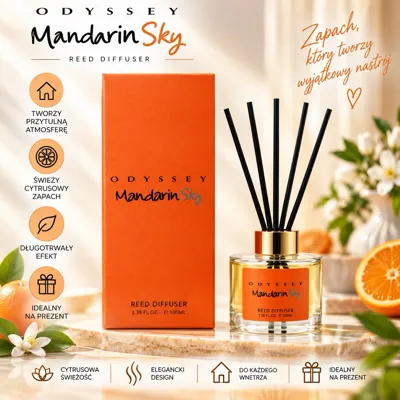 Szklany dyfuzor zapachowy Odyssey Mandarin Sky z czarnymi patyczkami i pomarańczowym opakowaniem
