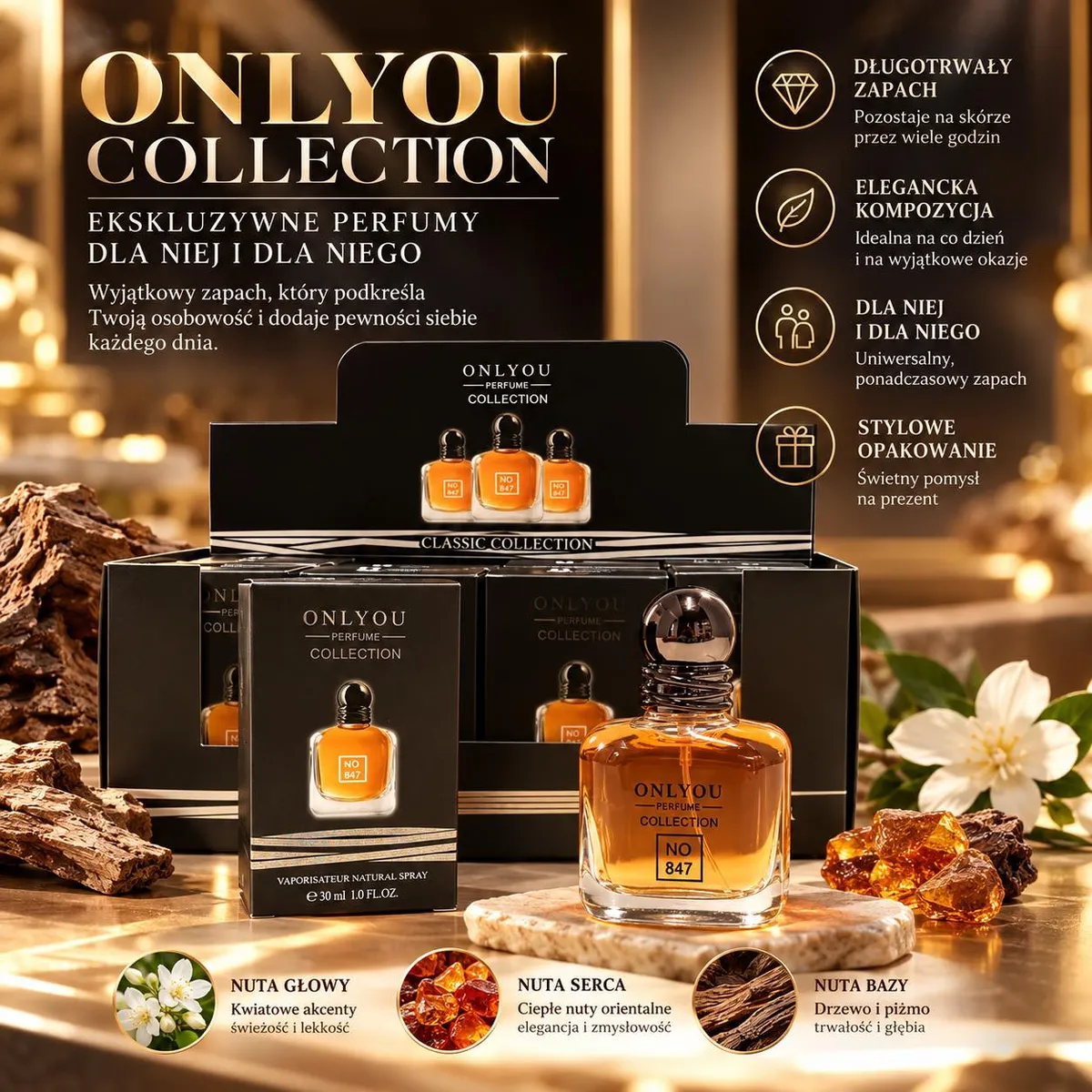 Butelka perfum OnlyYou Collection 30ml z bursztynowym płynem i czarne eleganckie opakowanie