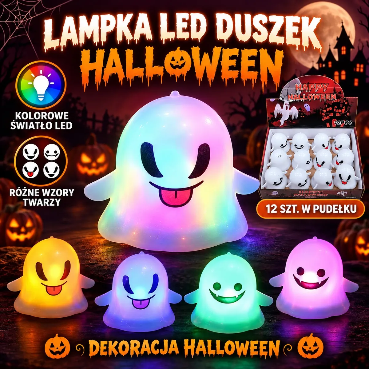 Lampka LED w kształcie duszka z kolorowym światłem i różnymi wzorami twarzy, opakowanie 12 sztuk