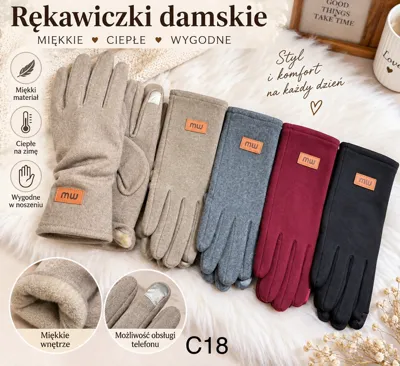 Rękawiczki damskie w 5 kolorach: beżowy, jasnobrązowy, szary, bordowy, czarny z naszywką mu
