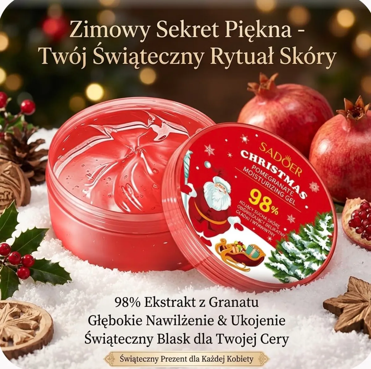 Czerwony żel nawilżający SADOER Christmas z granatem w okrągłym opakowaniu z grafiką Mikołaja i choinki na śniegu