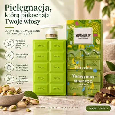 zielony szampon do włosów w kształcie tabliczki czekolady z napisem Yumy i opakowanie z motywem pistacji