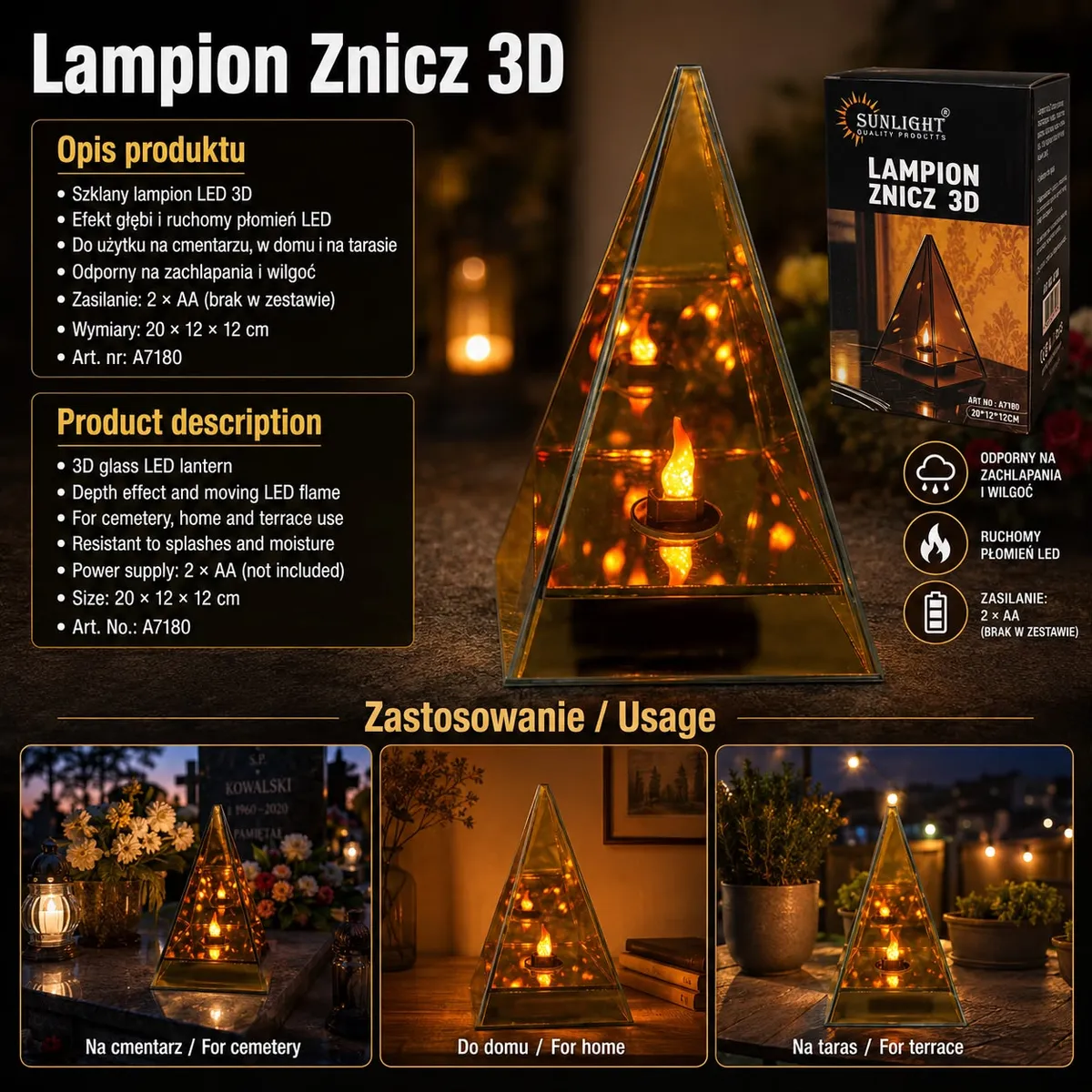Szklany lampion LED 3D w kształcie ostrosłupa z ruchomym płomieniem na tle dekoracji