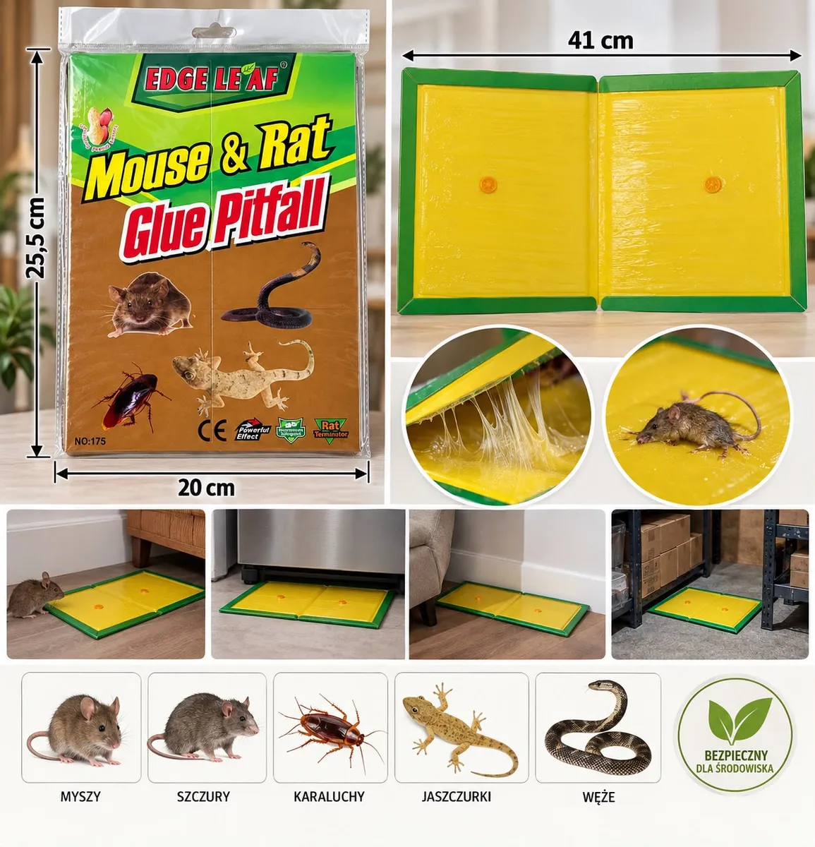 Pułapka lepowa zielono-żółta składana 25,5x20 cm z mocnym klejem na myszy i szczury