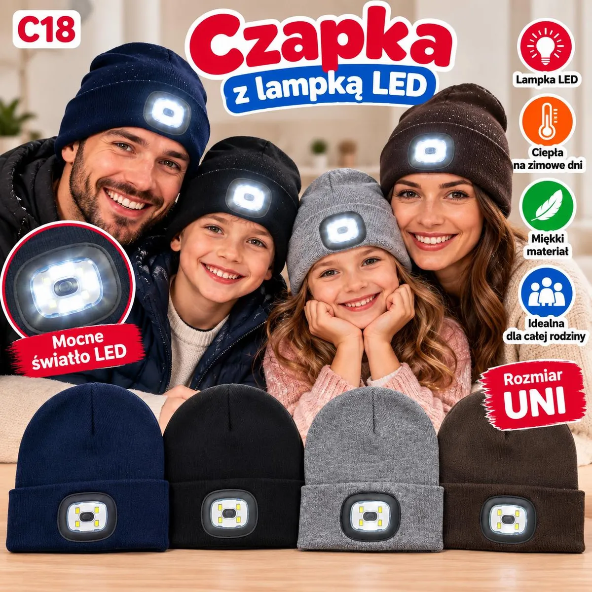 Rodzina w czapkach z lampką LED w kolorach granatowym, czarnym, szarym i brązowym