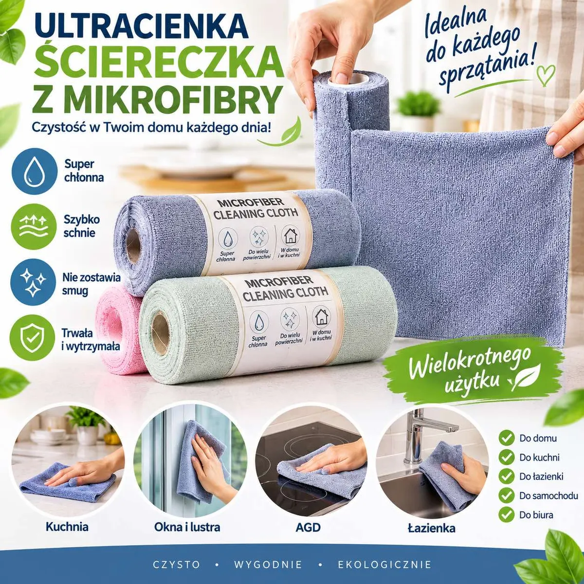 Rolki ściereczek z mikrofibry w kolorach szarym, różowym i jasnym zielonym oraz użycie do czyszczenia różnych powierzchni