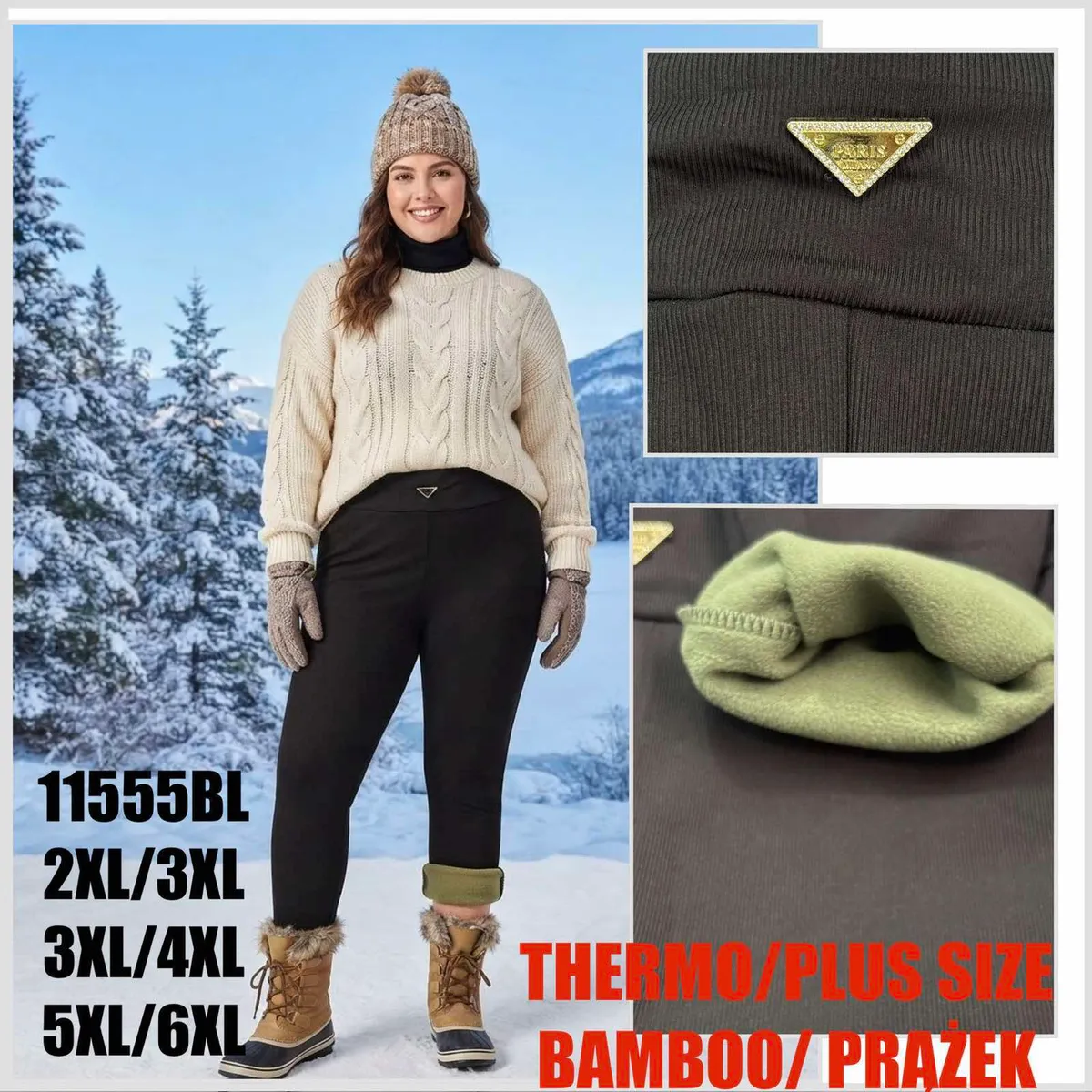 Kobieta w czarnych legginsach plus size z zieloną podszewką, beżowy sweter i zimowa czapka na tle śniegu