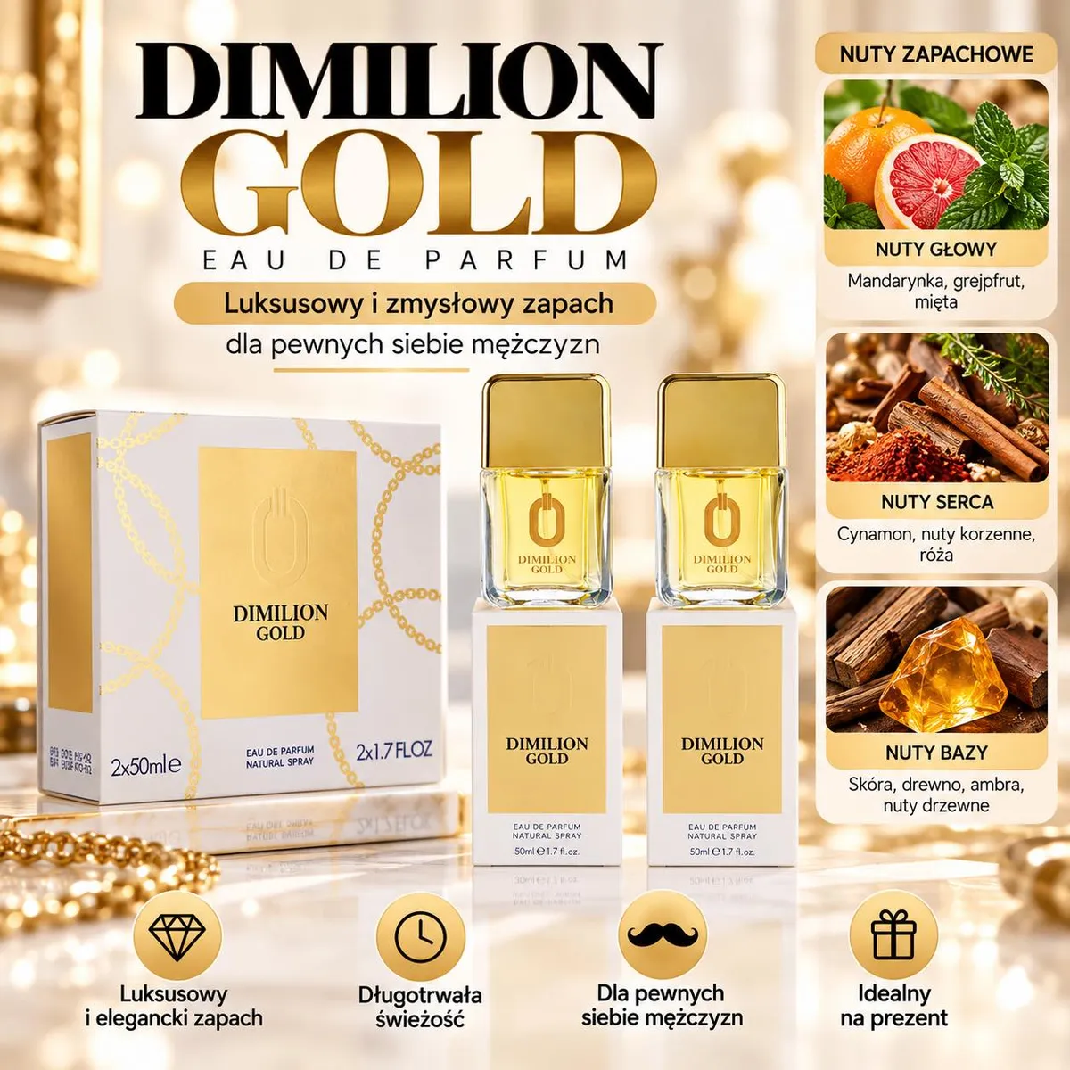 Zestaw dwóch perfum Dimilion Gold 2x50 ml w białych flakonach ze złotymi nakrętkami i eleganckim opakowaniem