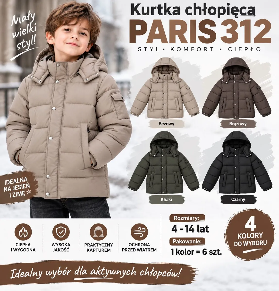 Chłopiec w beżowej kurtce zimowej z kapturem, obok kurtki w 4 kolorach: beżowy, brązowy, khaki, czarny