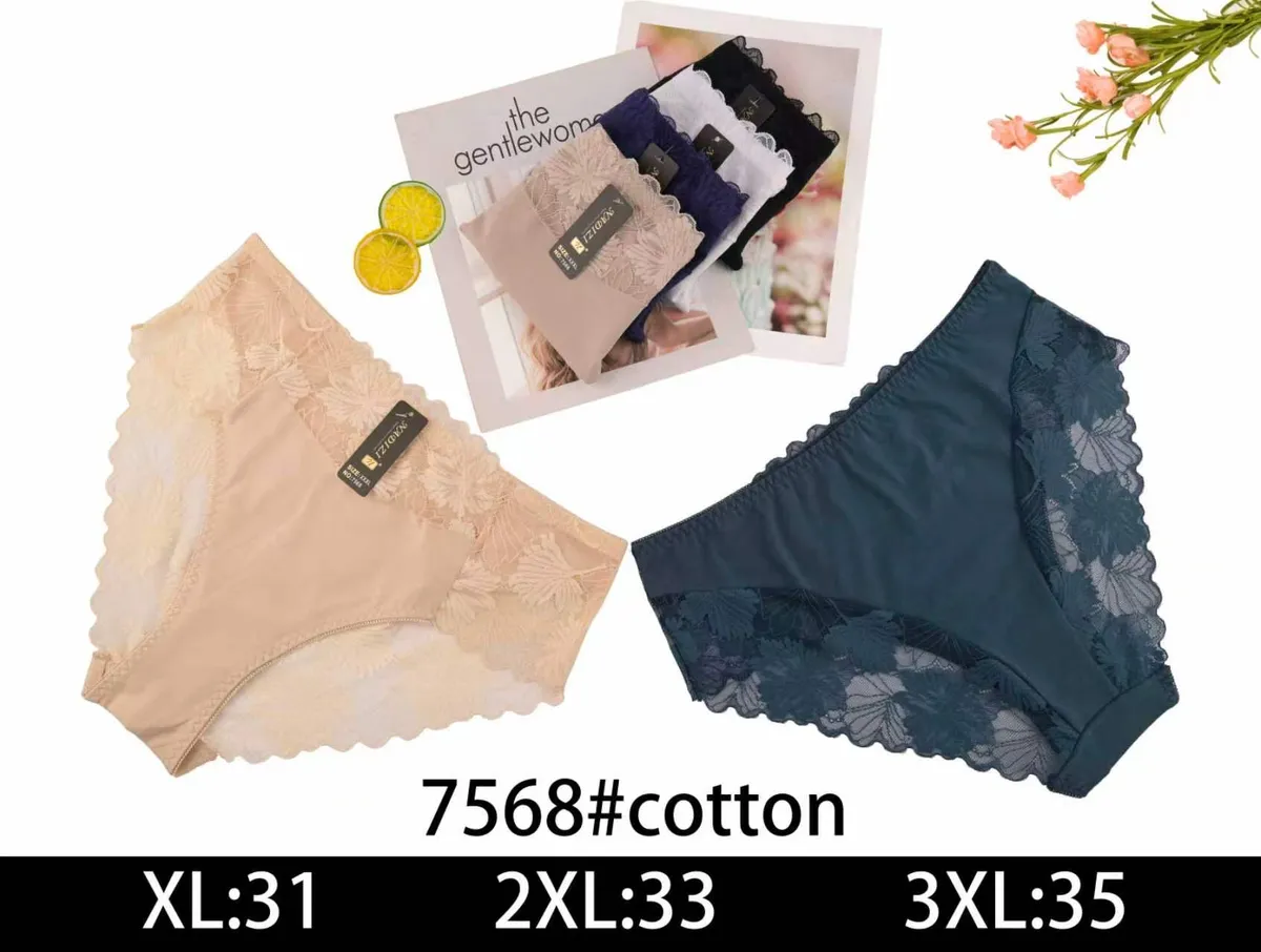 Damskie majtki bawełniane beżowe i granatowe z koronkowym wykończeniem, etykiety z rozmiarem i kod 7568#cotton, opakowanie pr